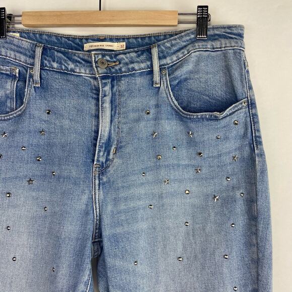 Levi's Women's High Rise Skinny Straight Leg Jeans Ripped Knees Studs Size 32 - Picture 2 of 12